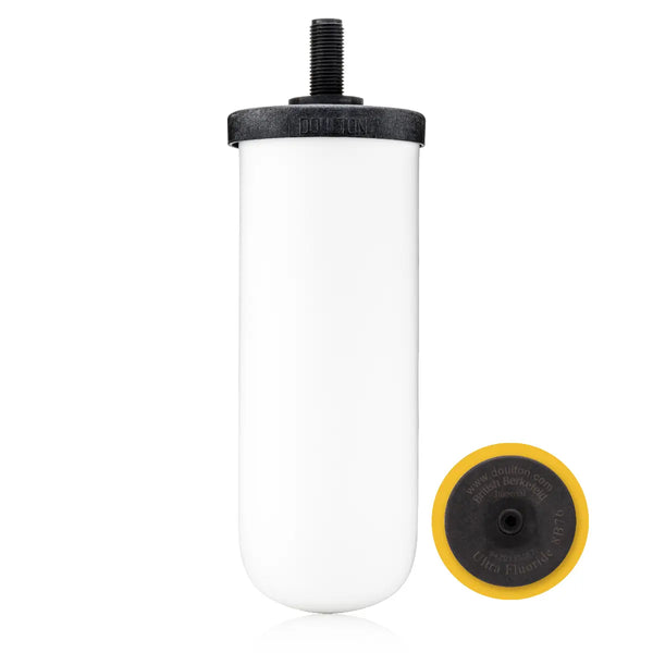 British Berkefeld Ultra Fluoride 7-inch filter candle and its yellow base
